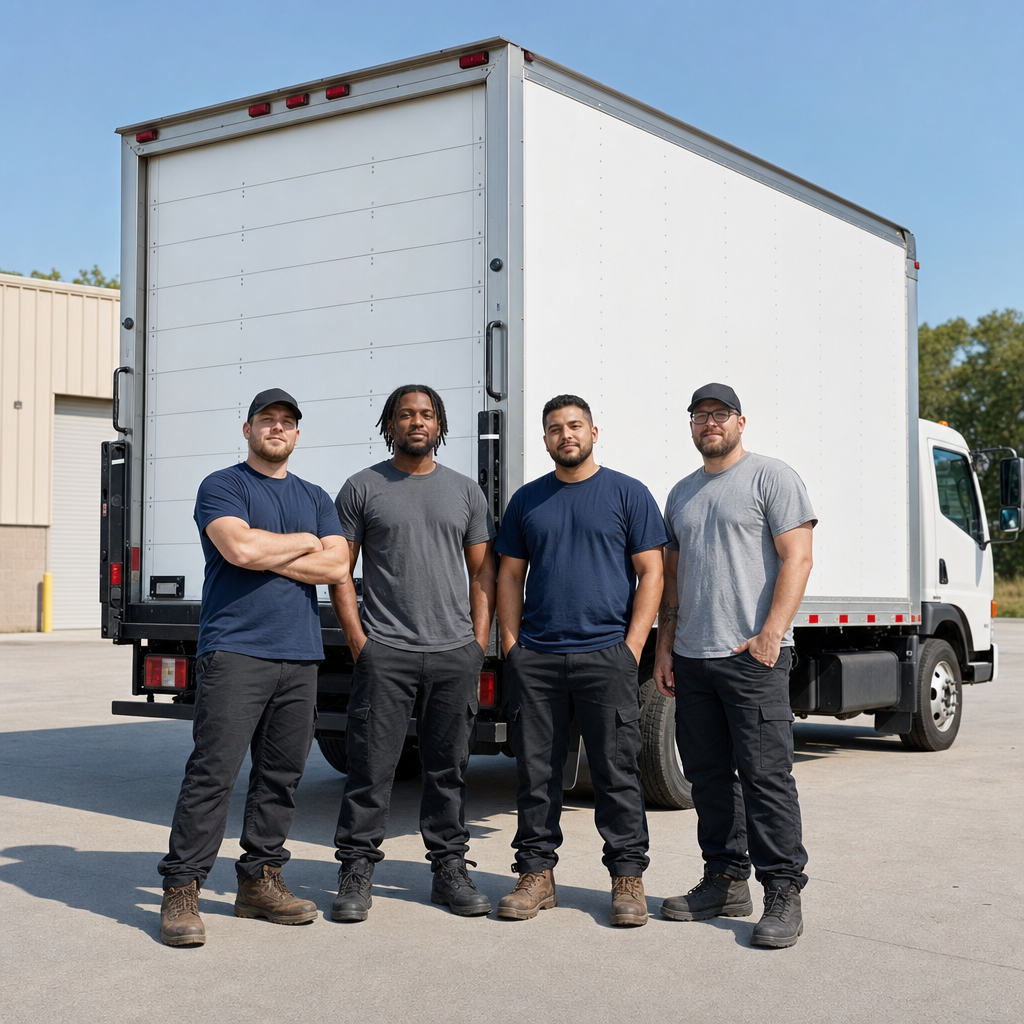 Four uniformed Spokane movers standing relaxed in front of a clean white commercial box truck at the depot