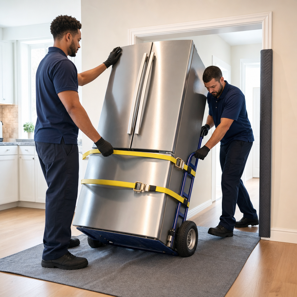 Two uniformed Spokane movers tilting a refrigerator onto an appliance dolly with straps in a kitchen doorway