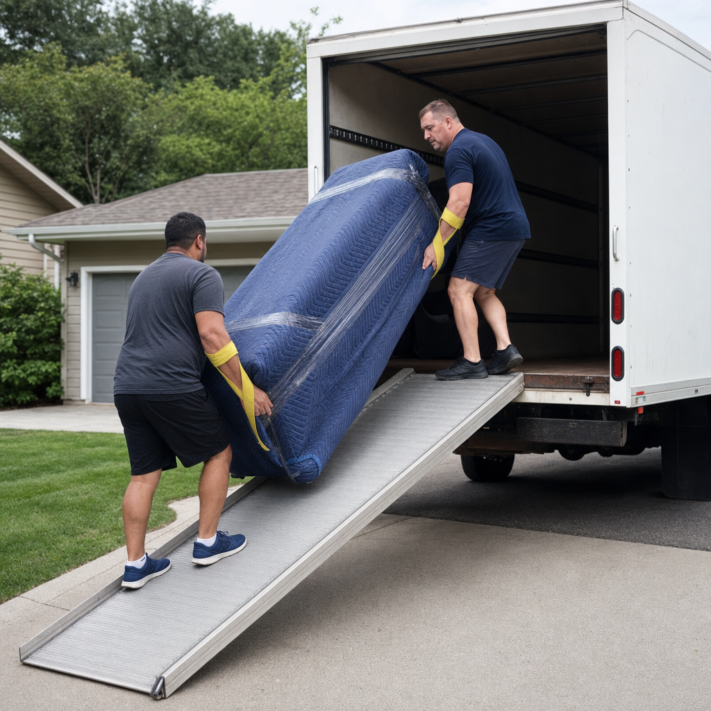 Two uniformed Spokane movers loading wrapped furniture into a rental box truck in a suburban driveway, using hi-vis yellow lifting straps and e-track securing