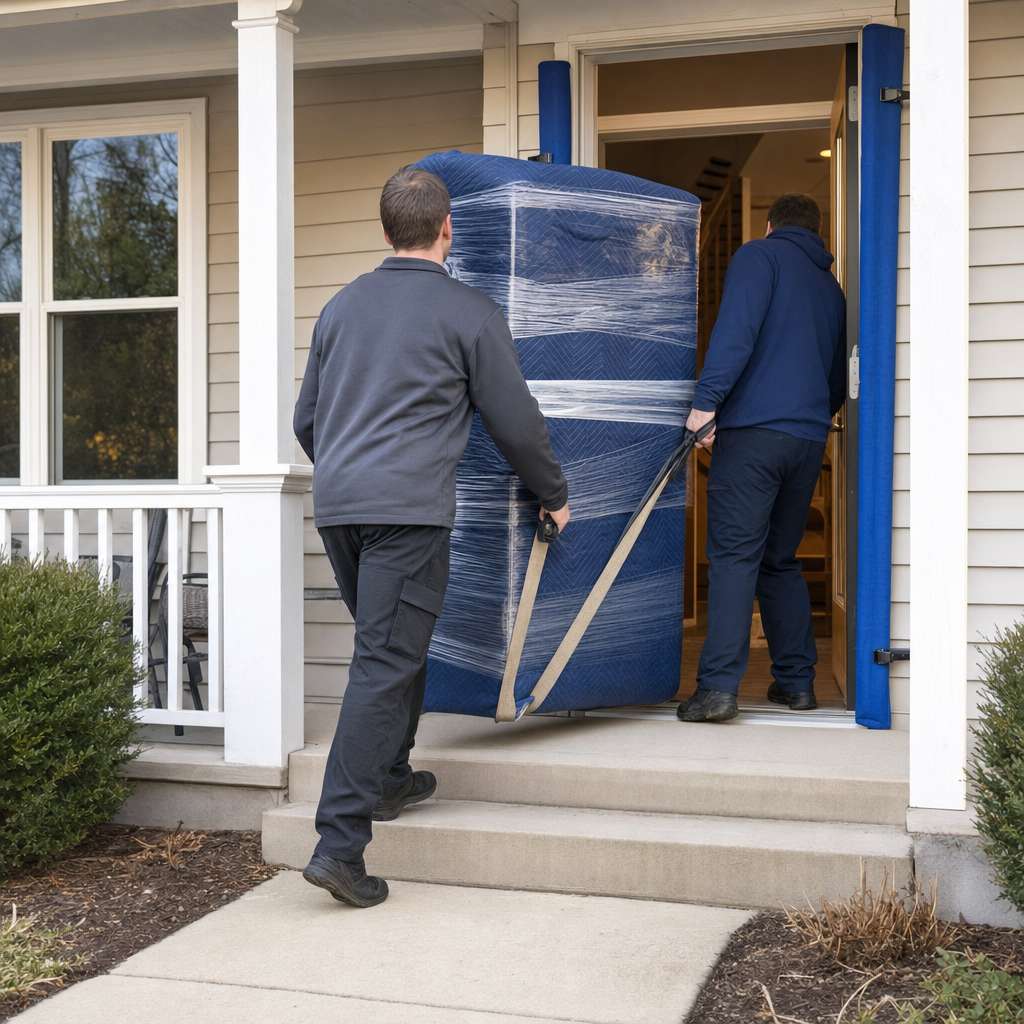 Two uniformed Spokane movers carrying a quilted-blanket-wrapped dresser through a home's front doorway with door-jamb protection in place